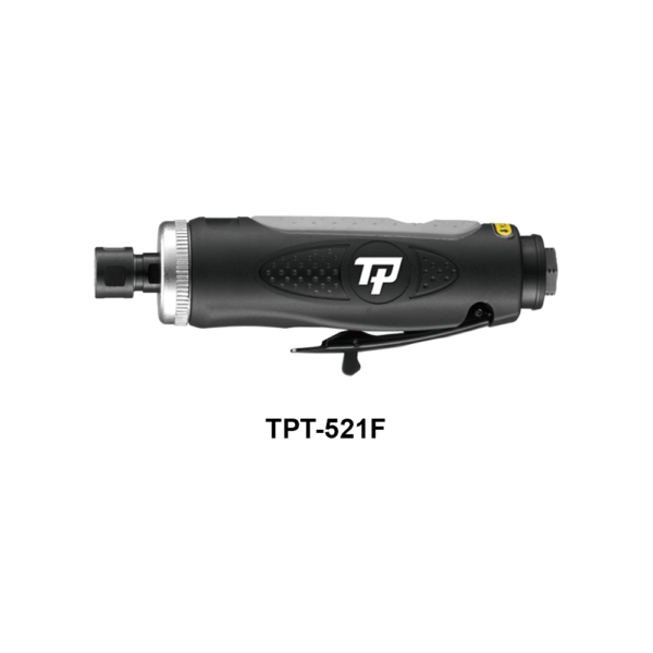 TPT 521F Soluzioni per la rivendita professionale e industriale Le smerigliatrici pneumatiche serie TPT si differenziano tra loro per: conformazione (diritta, meglio definita come ASSIALE, ANGOLARE, angolare RIBASSATA), potenza d’esercizio  (0,2Hp per le microsmerigliatrici, 0,3Hp le minismerigliatrici, 0,5Hp, 0,9Hp, 1 Hp, 1,5Hp), numero di giri (da 3500 a 60000 rpm) tipo di attacco porta utensile (pinza da 3 o da 6 mm o ghiera porta mola) La scelta della smerigliatrice corretta da utilizzare dipende dall’applicazione e dal tipo di utensile a finire necessario per la lavorazione: è infatti la pinza corretta, piuttosto che il disco con le caratteristiche più adatte, piuttosto che la mola più performante, a determinare la tipologia di smerigliatrice da utilizzare per una asportazione di materiale migliore e più efficace.    