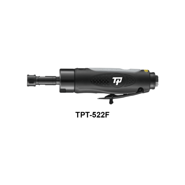 TPT 522F Soluzioni per la rivendita professionale e industriale Le smerigliatrici pneumatiche serie TPT si differenziano tra loro per: conformazione (diritta, meglio definita come ASSIALE, ANGOLARE, angolare RIBASSATA), potenza d’esercizio  (0,2Hp per le microsmerigliatrici, 0,3Hp le minismerigliatrici, 0,5Hp, 0,9Hp, 1 Hp, 1,5Hp), numero di giri (da 3500 a 60000 rpm) tipo di attacco porta utensile (pinza da 3 o da 6 mm o ghiera porta mola) La scelta della smerigliatrice corretta da utilizzare dipende dall’applicazione e dal tipo di utensile a finire necessario per la lavorazione: è infatti la pinza corretta, piuttosto che il disco con le caratteristiche più adatte, piuttosto che la mola più performante, a determinare la tipologia di smerigliatrice da utilizzare per una asportazione di materiale migliore e più efficace.    