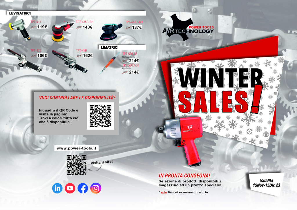 Promozione prodotti in pronta consegna 1 Soluzioni per la rivendita professionale e industriale Volantino promo NOV 23 1 Soluzioni per la rivendita professionale e industriale Airtechnology presenta la promozione a tempo " Winter Sales": decine di prodotti di diverse categorie, in pronta consegna, ad un prezzo speciale.